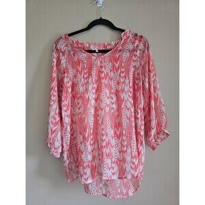 Pink Owl Apparel Women's Blouse 3/4 Sleeve sheer Size M-orange/cream